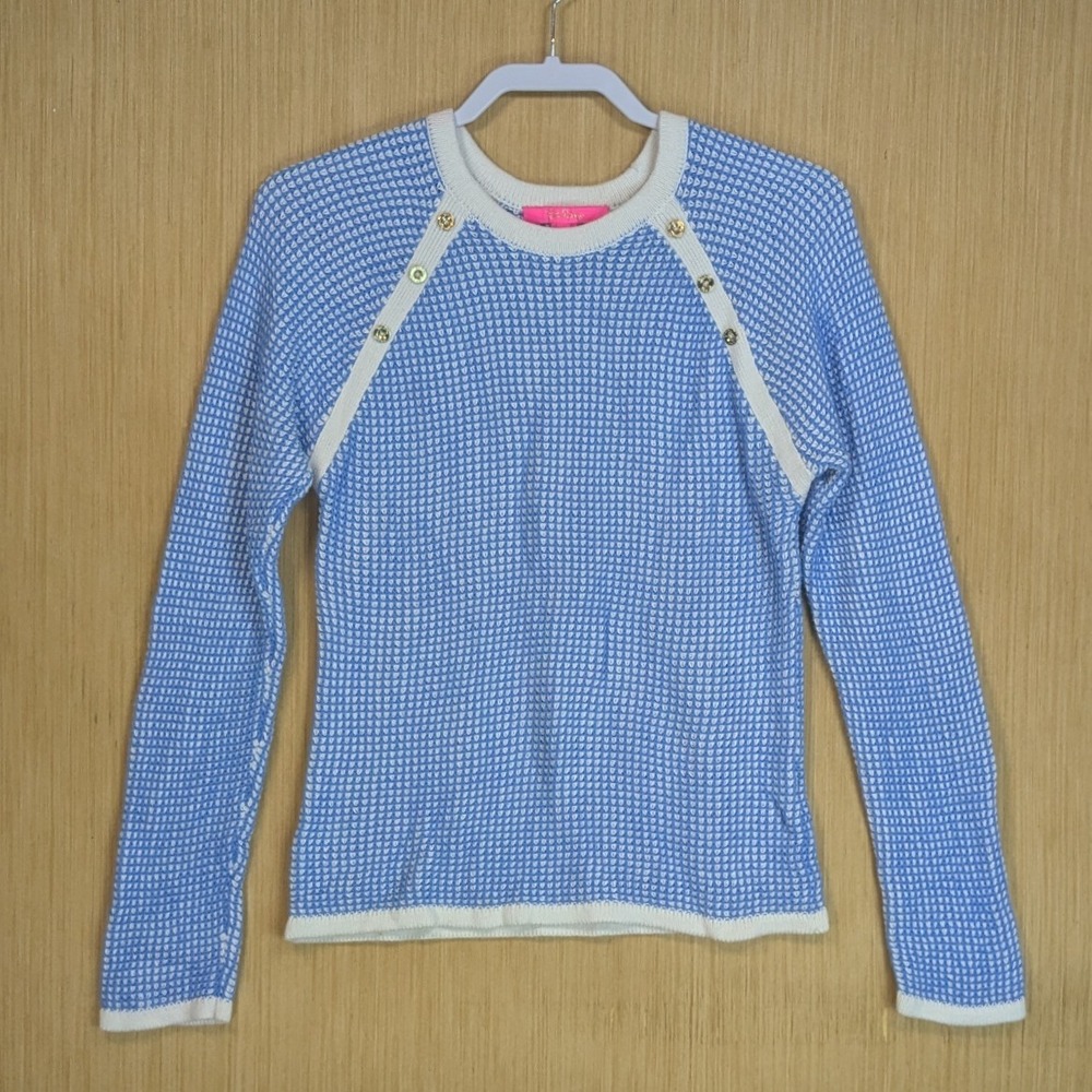 Lilly Pulitzer Blue Waffle Knit Sweater Costella Preppy Chic Cotton Women Medium